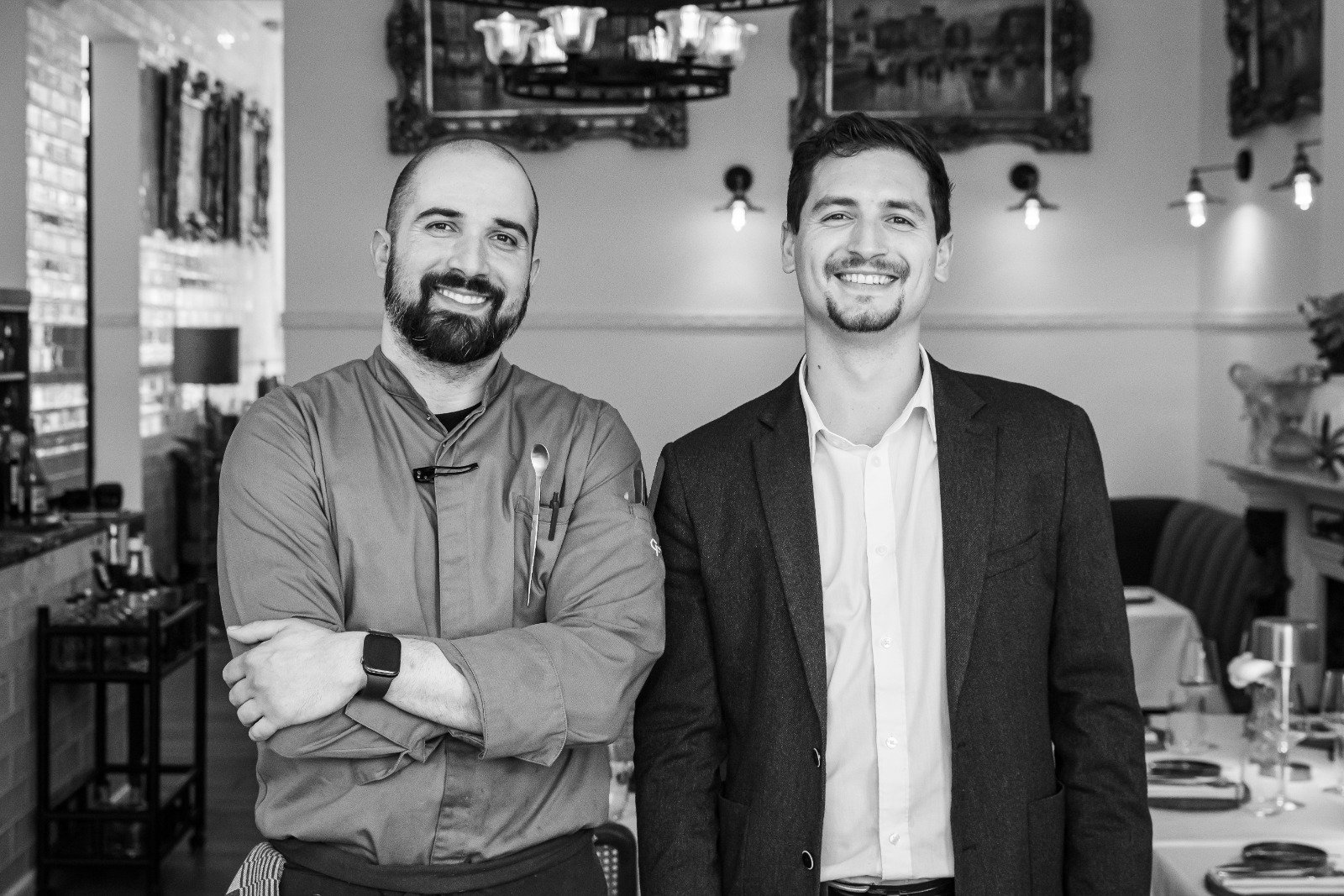 Villa Coucou two chefs smiling in B&W